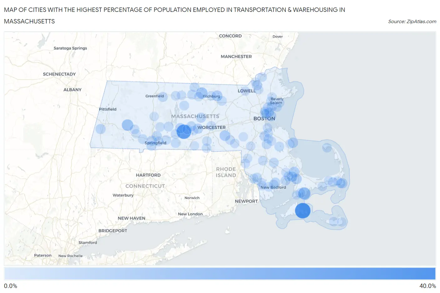 Cities with the Highest Percentage of Population Employed in Transportation & Warehousing in Massachusetts Map