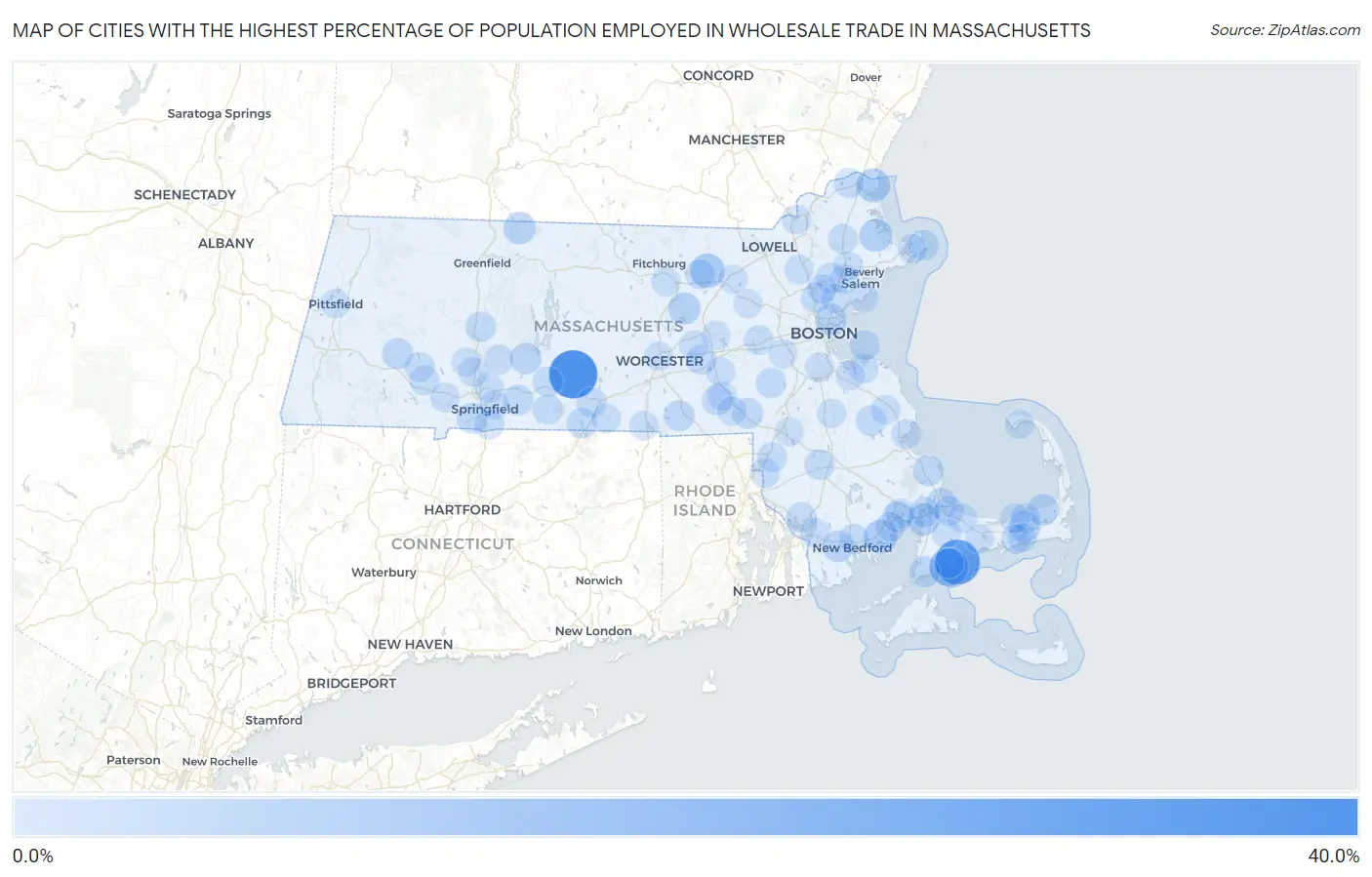 Cities with the Highest Percentage of Population Employed in Wholesale Trade in Massachusetts Map