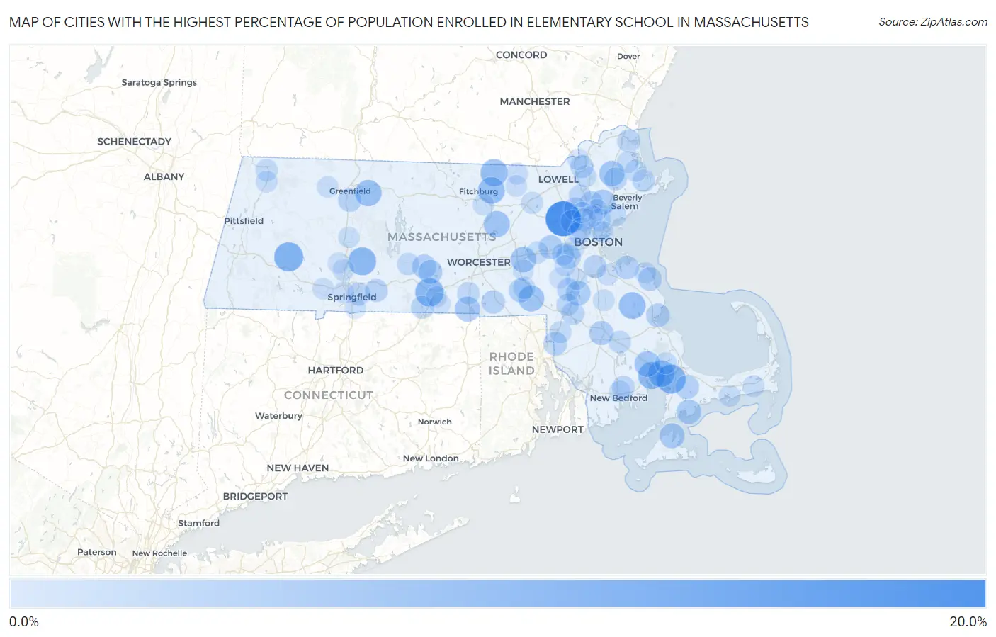 Cities with the Highest Percentage of Population Enrolled in Elementary School in Massachusetts Map