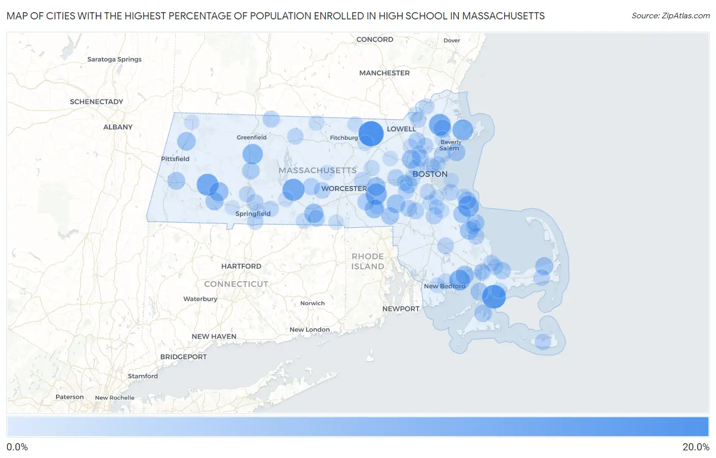 Cities with the Highest Percentage of Population Enrolled in High School in Massachusetts Map