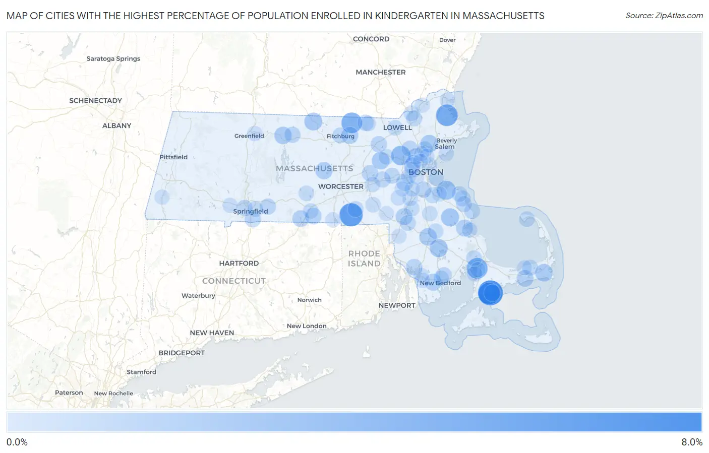 Cities with the Highest Percentage of Population Enrolled in Kindergarten in Massachusetts Map