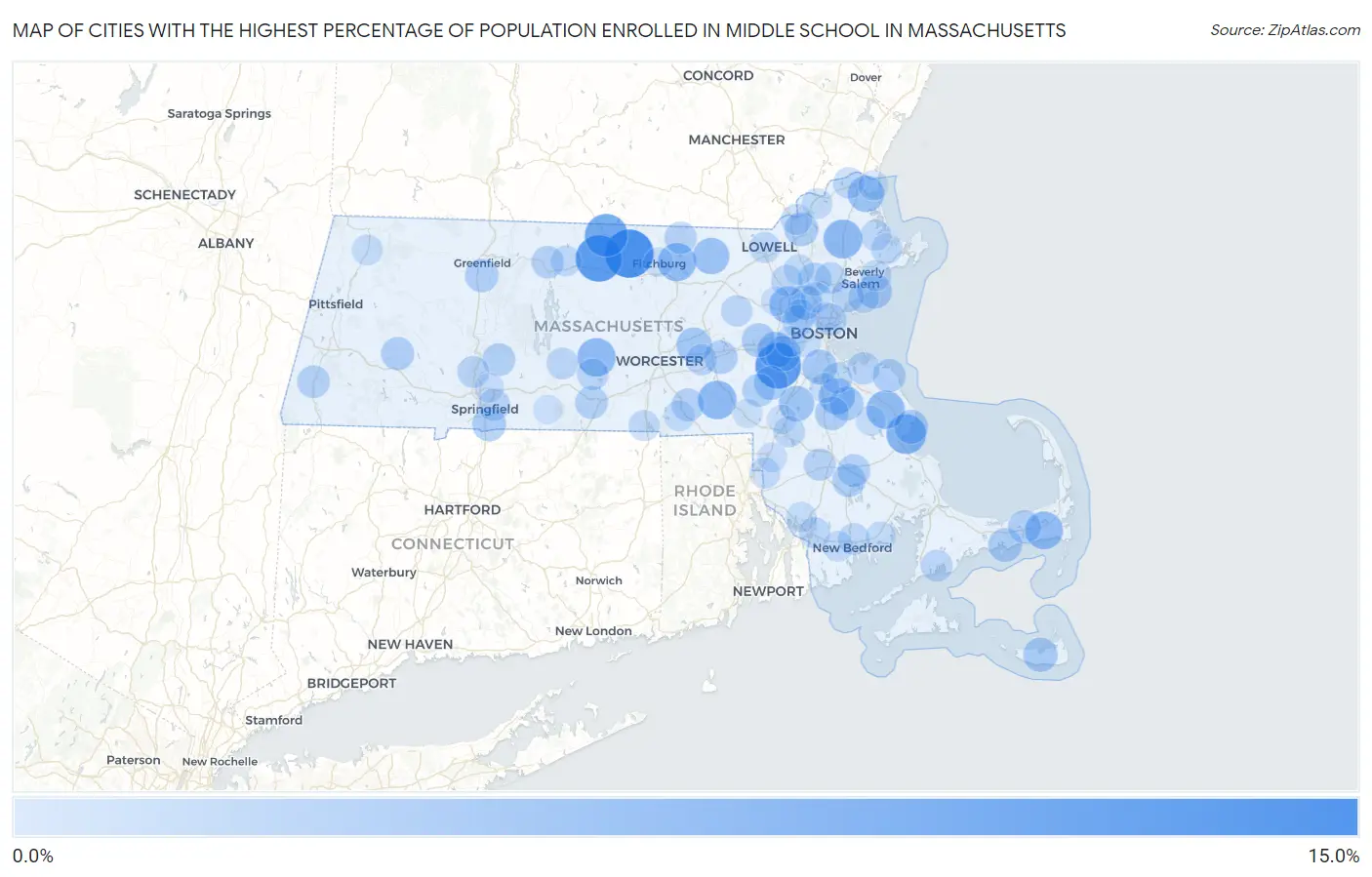 Cities with the Highest Percentage of Population Enrolled in Middle School in Massachusetts Map