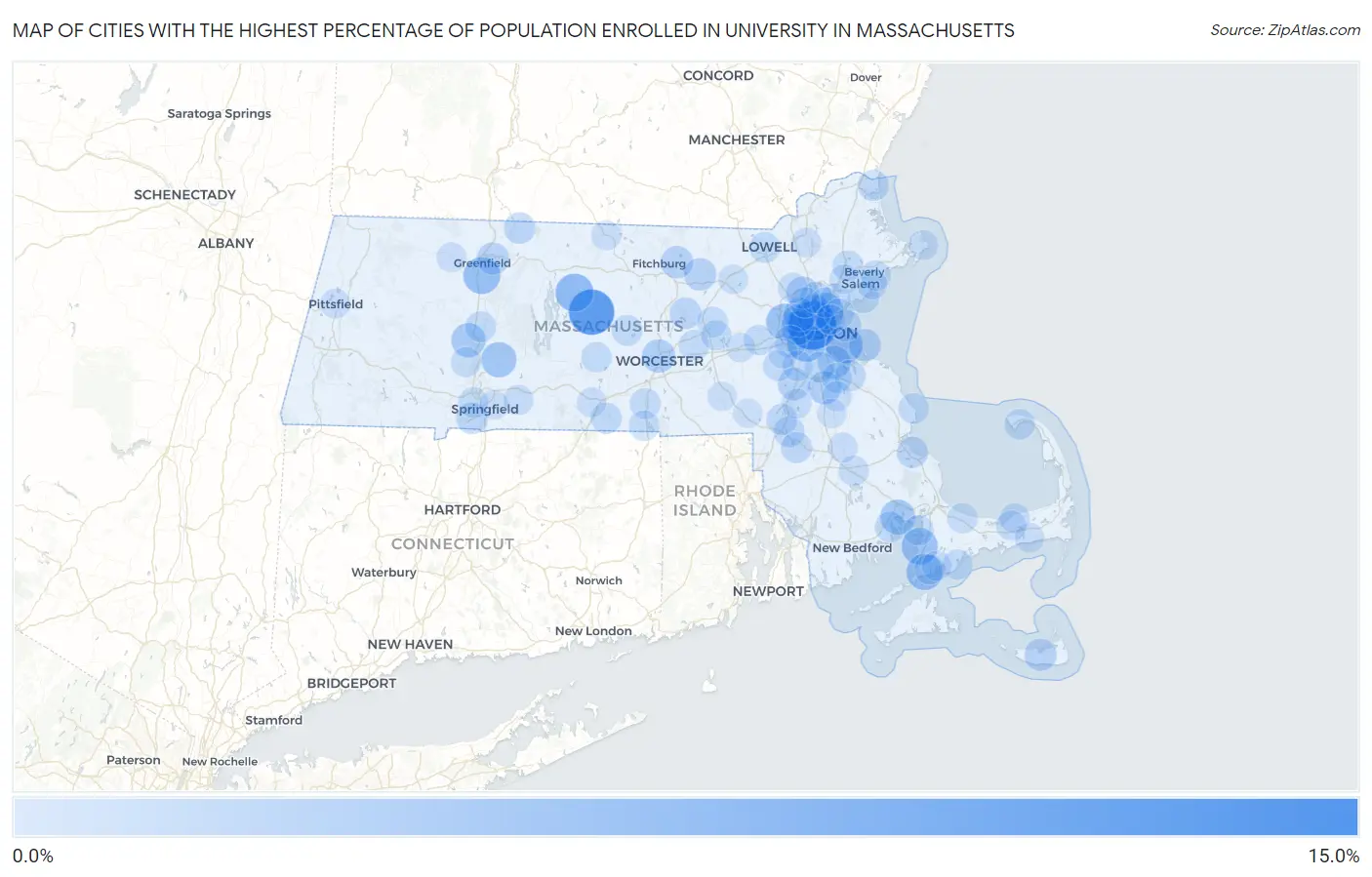 Cities with the Highest Percentage of Population Enrolled in University in Massachusetts Map