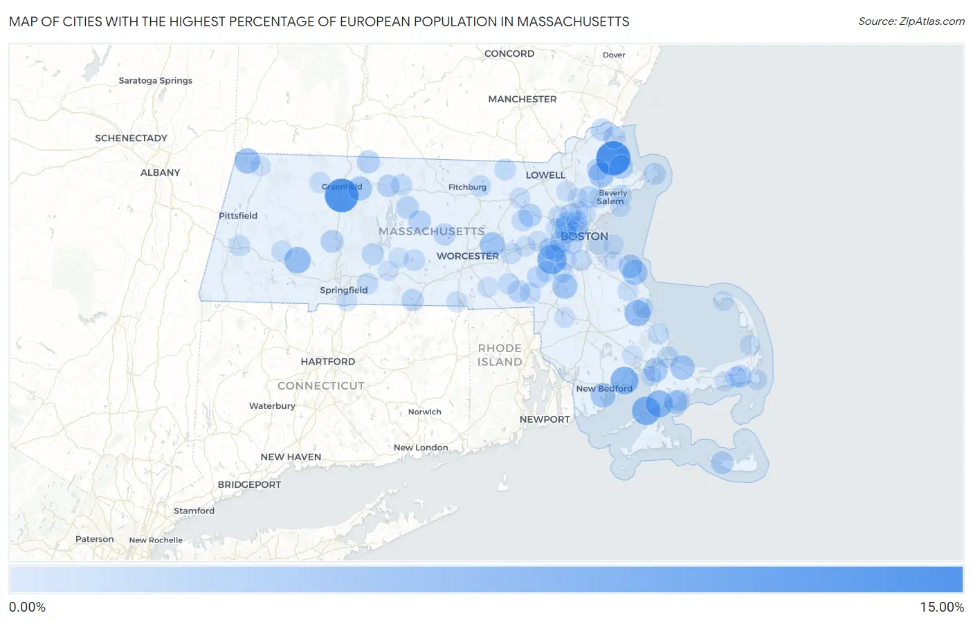 Cities with the Highest Percentage of European Population in Massachusetts Map