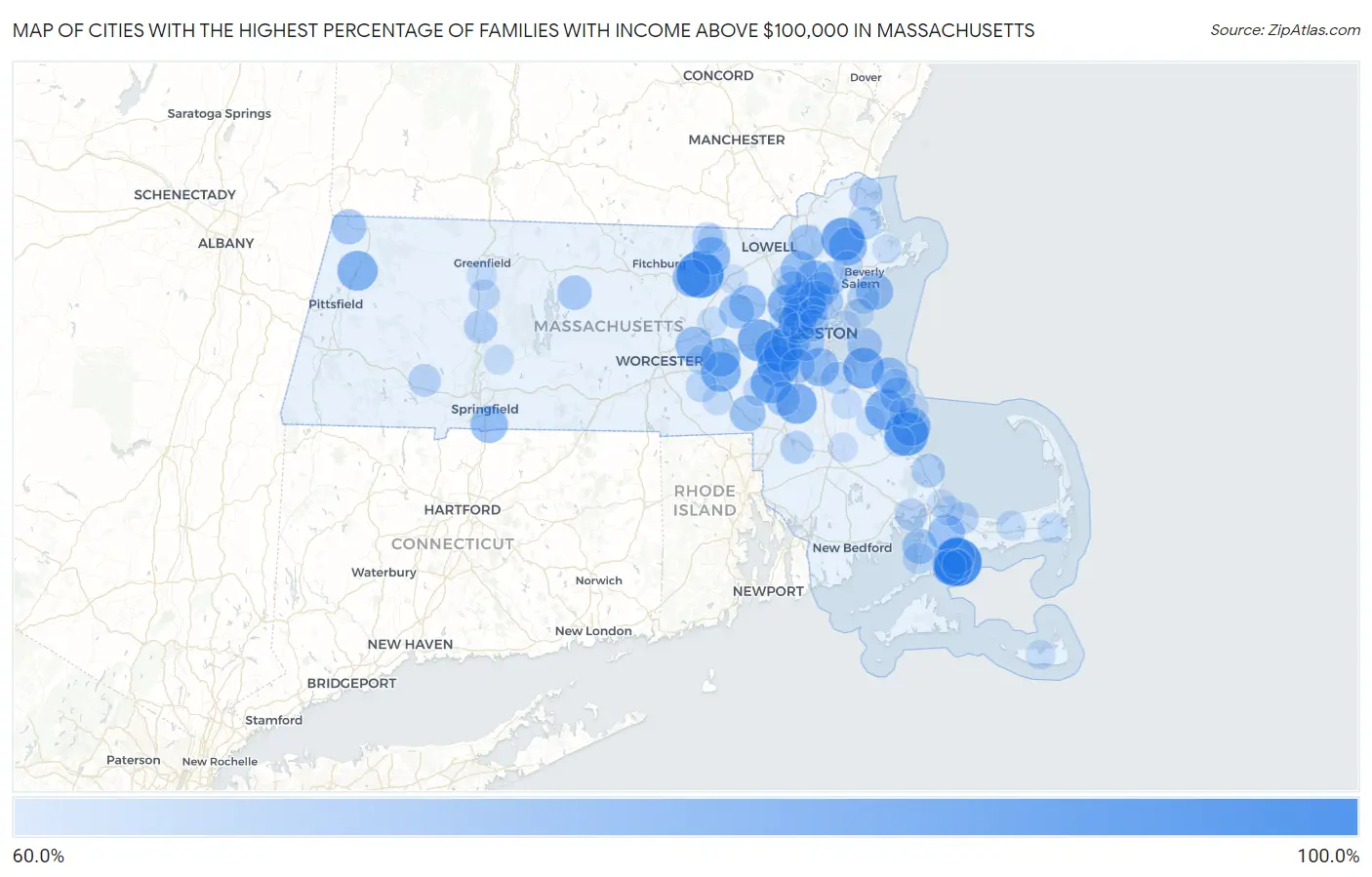 Cities with the Highest Percentage of Families with Income Above $100,000 in Massachusetts Map