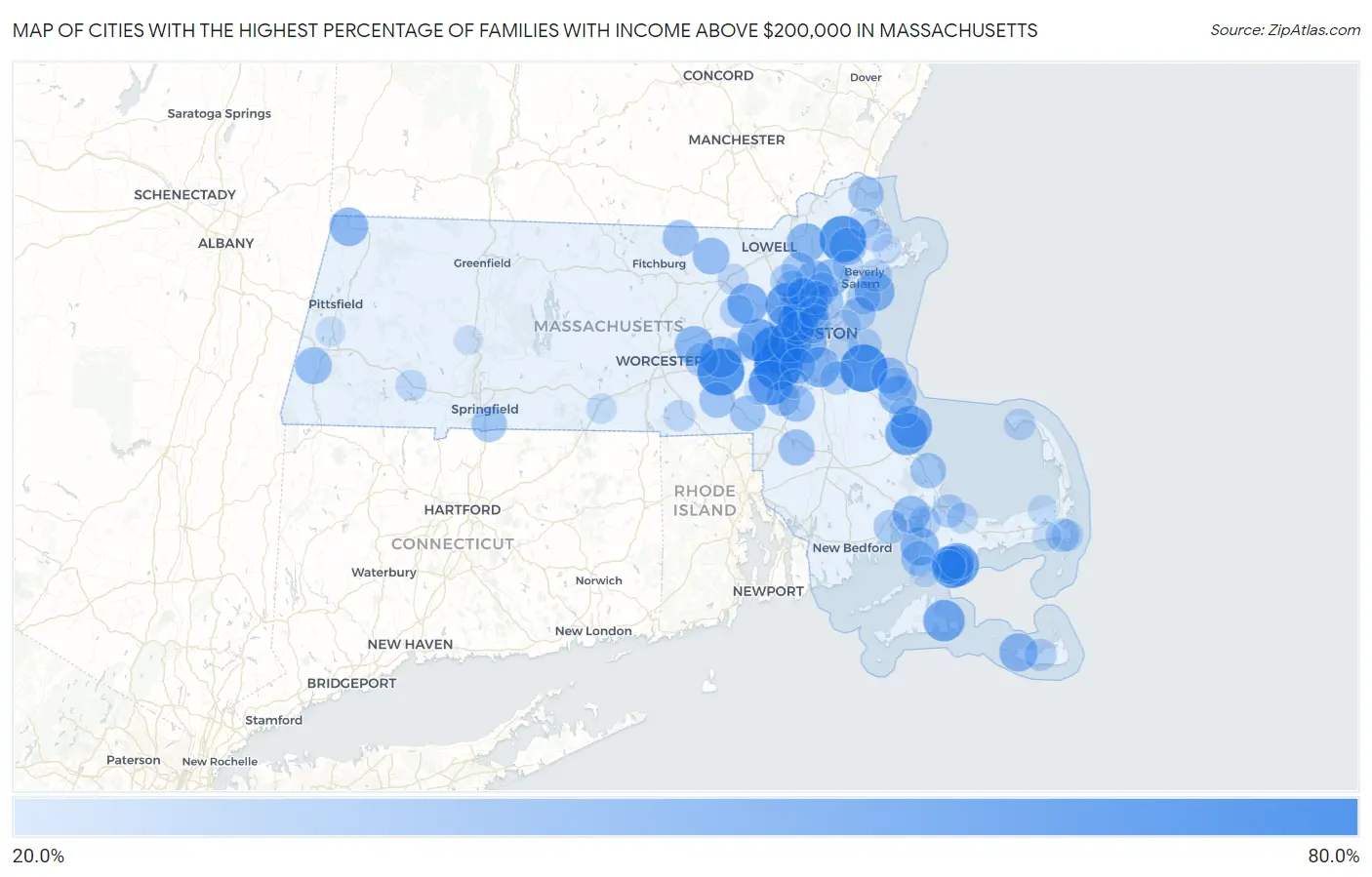 Cities with the Highest Percentage of Families with Income Above $200,000 in Massachusetts Map