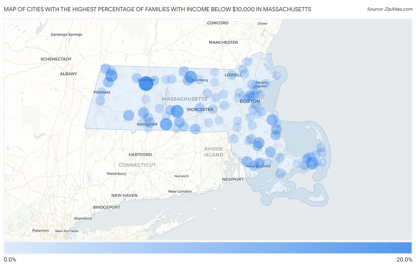 Cities with the Highest Percentage of Families with Income Below $10,000 in Massachusetts Map