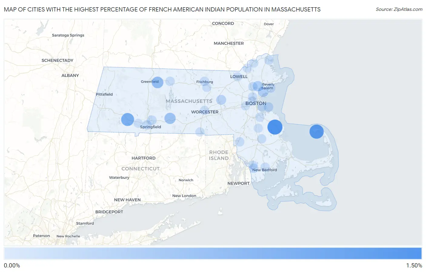 Cities with the Highest Percentage of French American Indian Population in Massachusetts Map