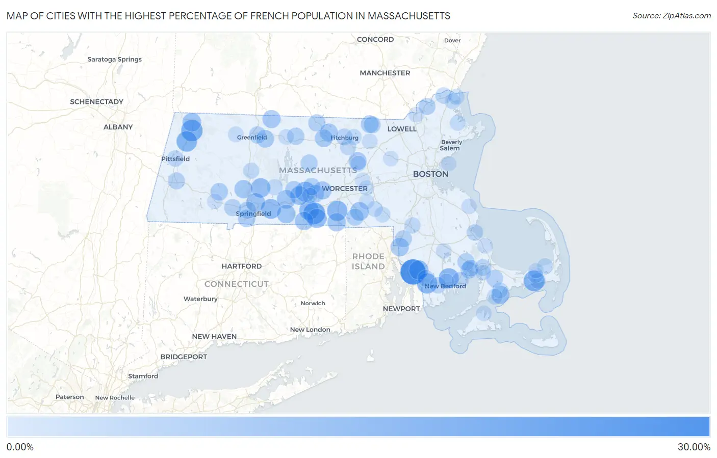 Cities with the Highest Percentage of French Population in Massachusetts Map