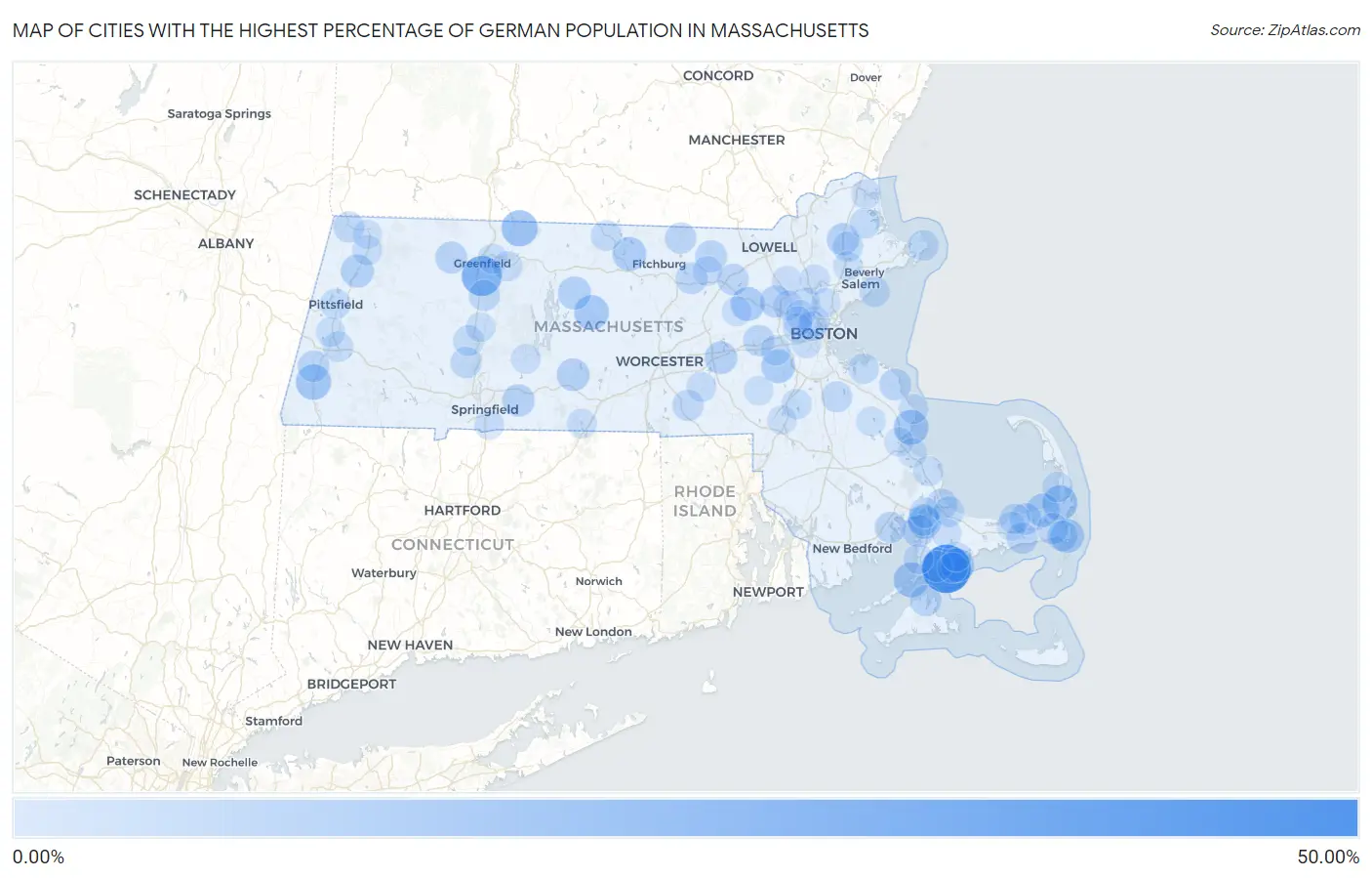 Cities with the Highest Percentage of German Population in Massachusetts Map