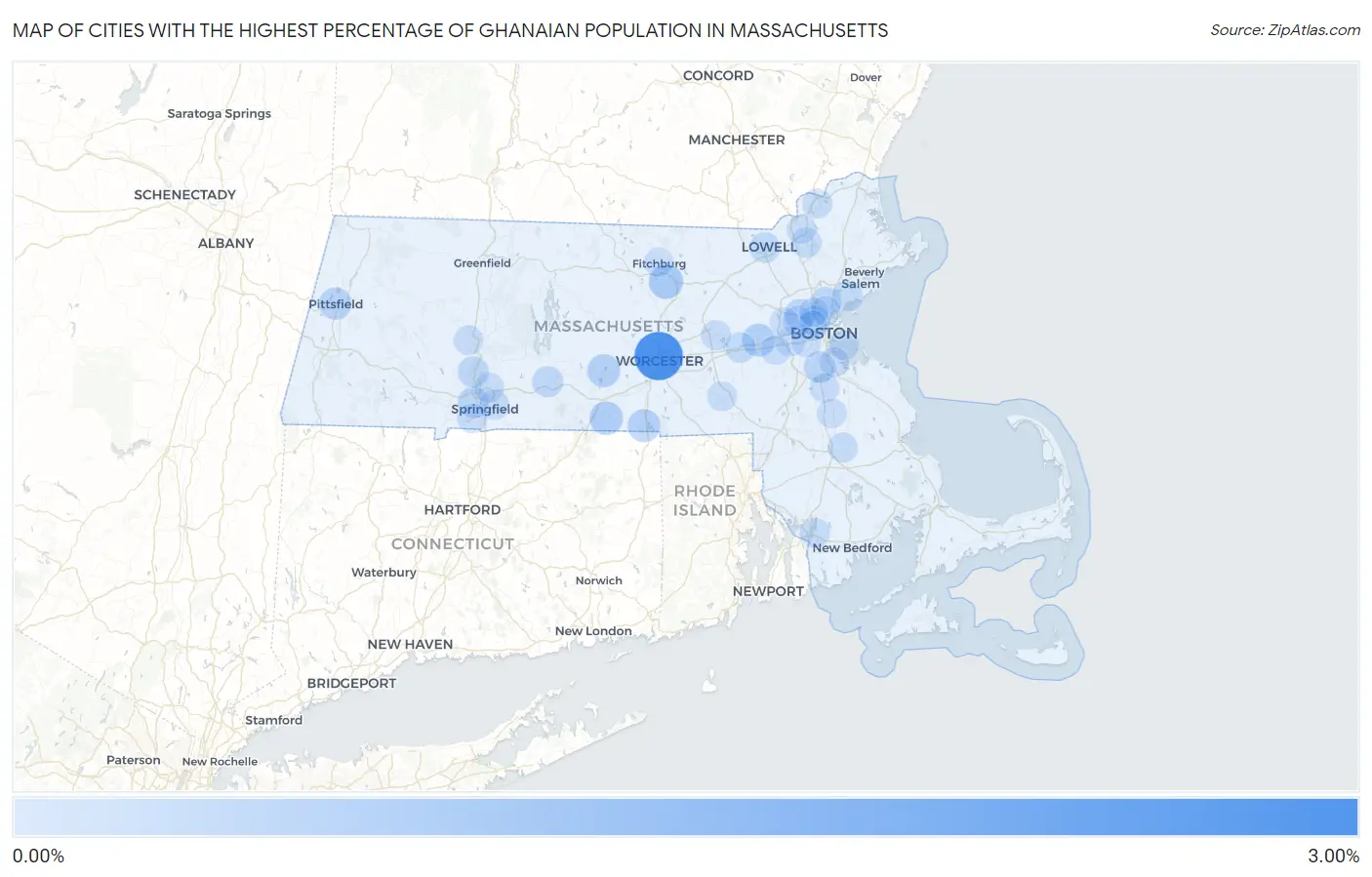 Cities with the Highest Percentage of Ghanaian Population in Massachusetts Map