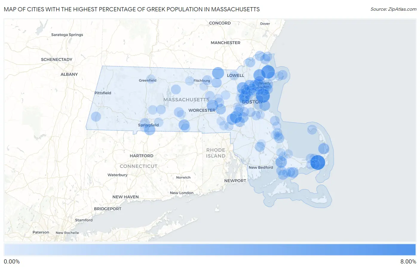 Cities with the Highest Percentage of Greek Population in Massachusetts Map
