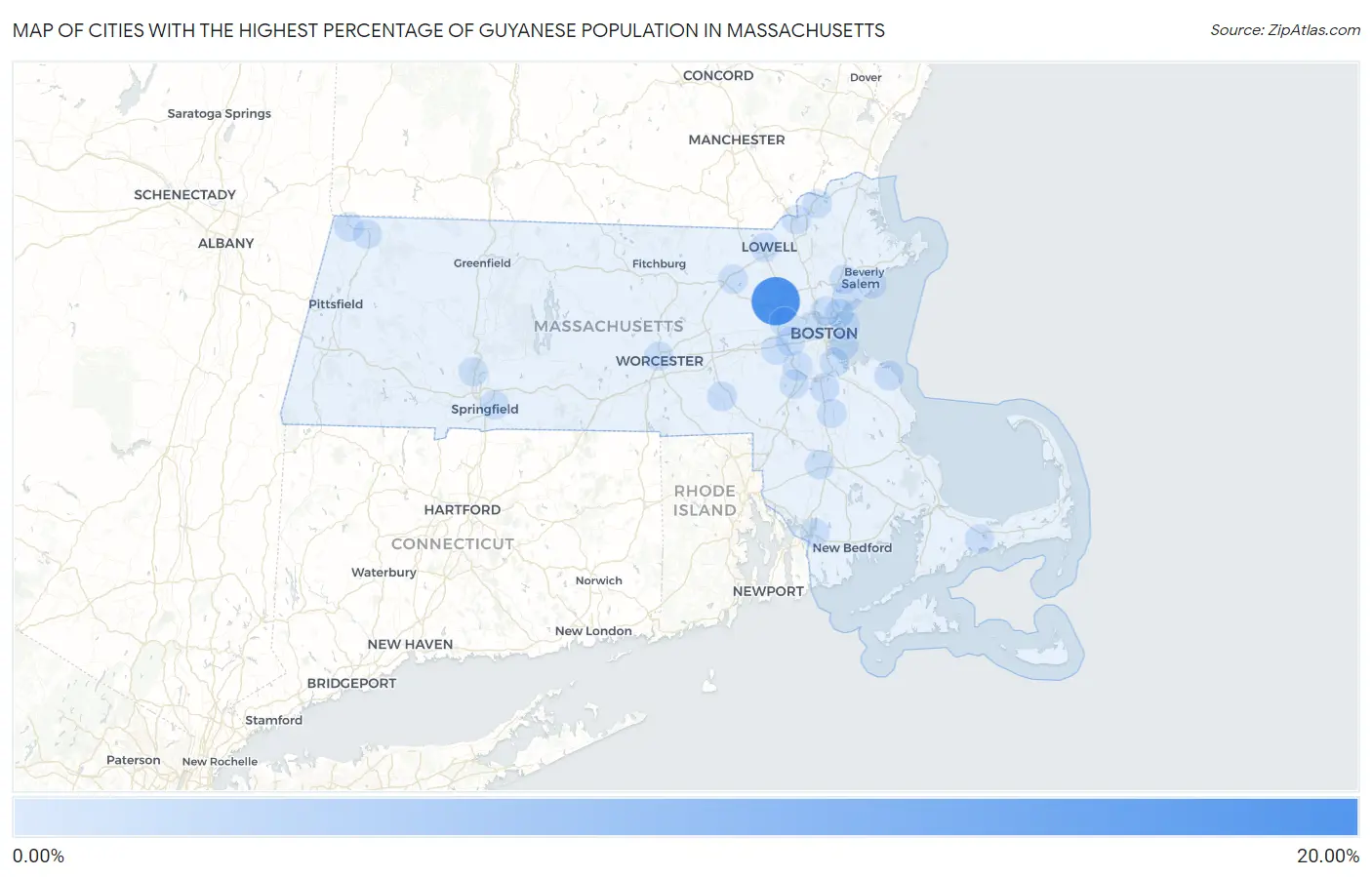 Cities with the Highest Percentage of Guyanese Population in Massachusetts Map