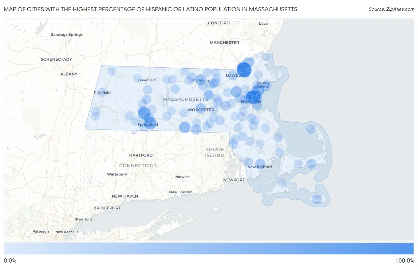 Cities with the Highest Percentage of Hispanic or Latino Population in Massachusetts Map