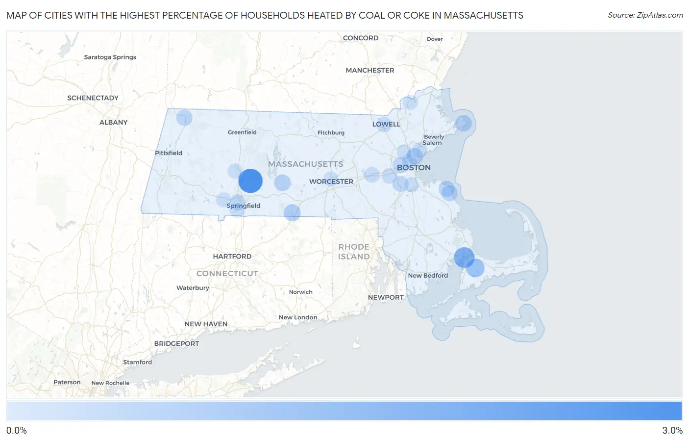 Cities with the Highest Percentage of Households Heated by Coal or Coke in Massachusetts Map