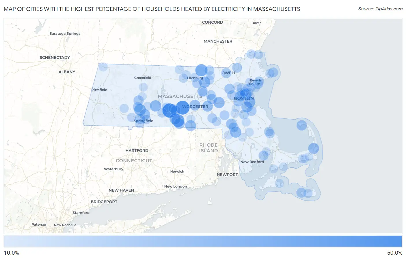 Cities with the Highest Percentage of Households Heated by Electricity in Massachusetts Map