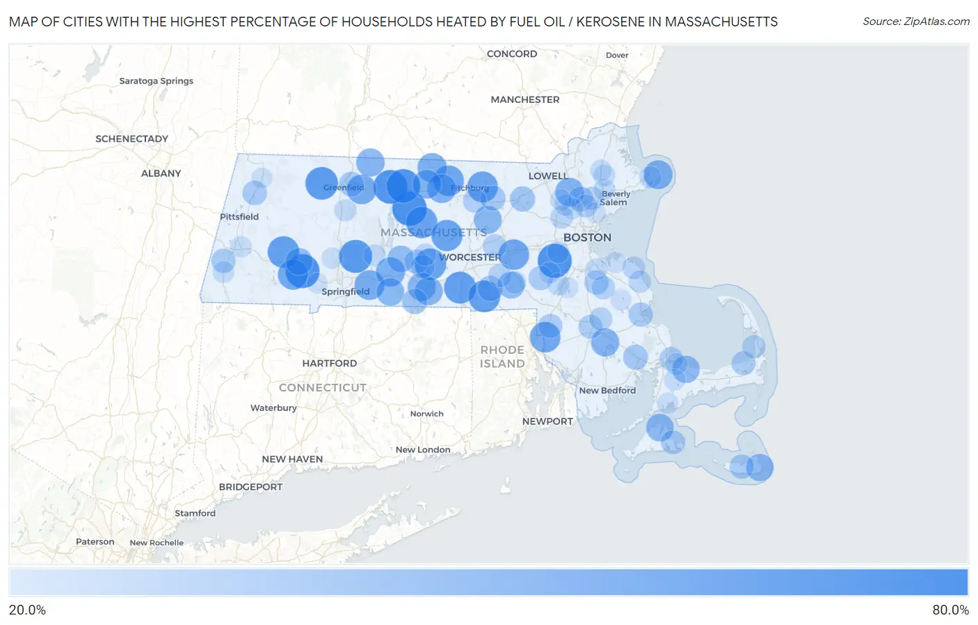 Cities with the Highest Percentage of Households Heated by Fuel Oil / Kerosene in Massachusetts Map