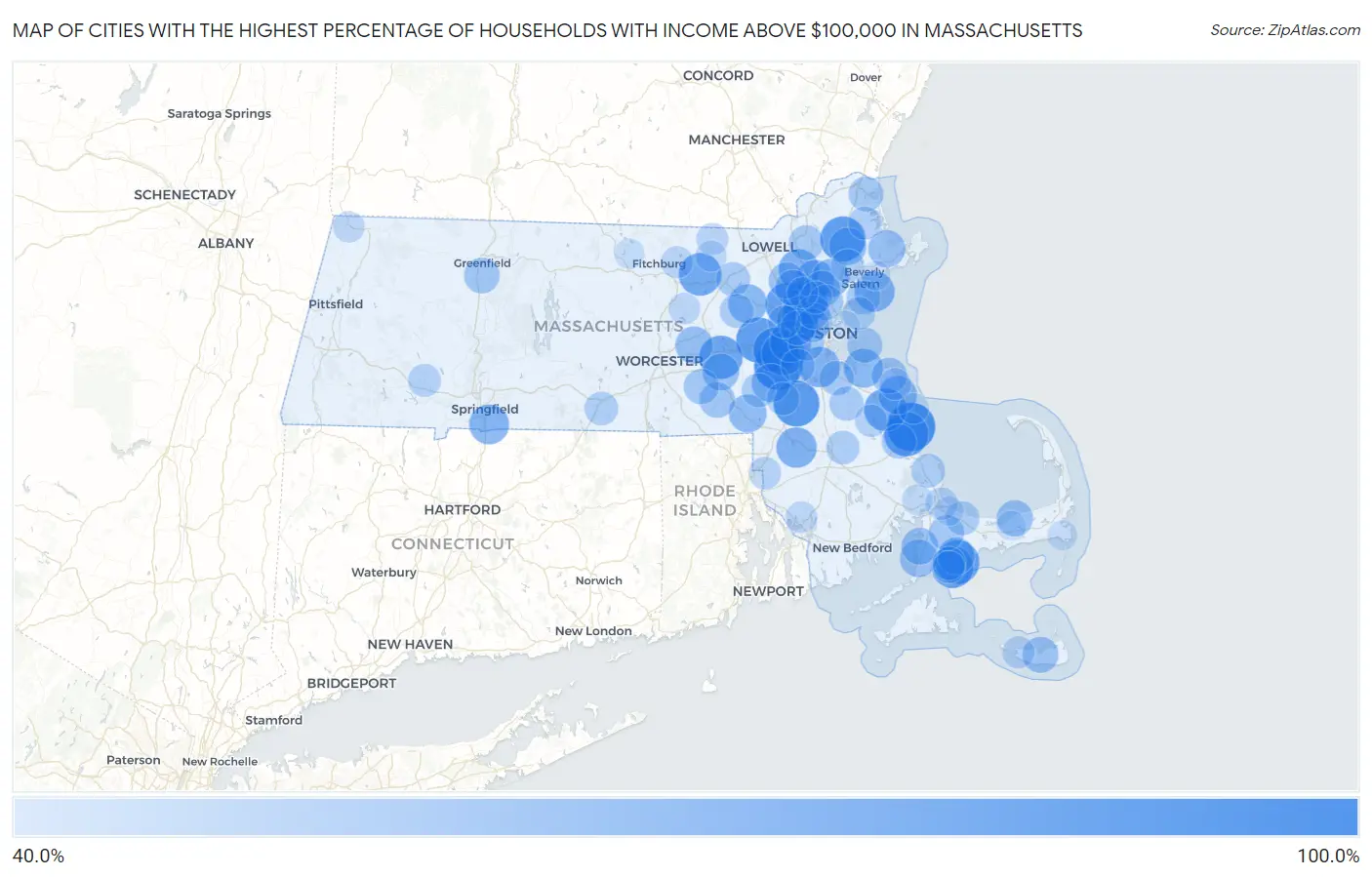 Cities with the Highest Percentage of Households with Income Above $100,000 in Massachusetts Map