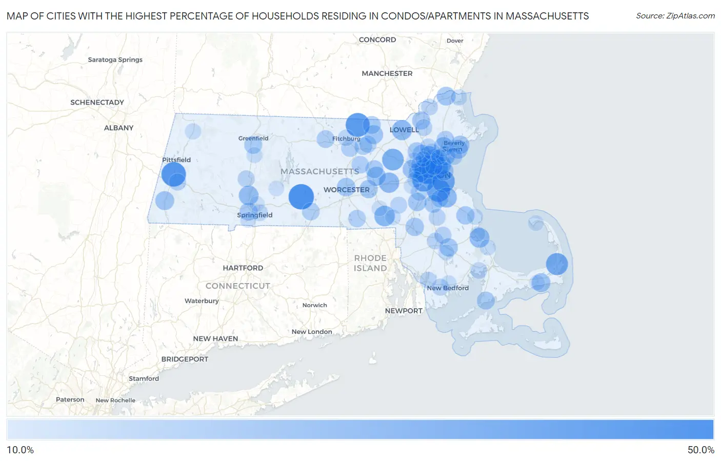 Cities with the Highest Percentage of Households Residing in Condos/Apartments in Massachusetts Map