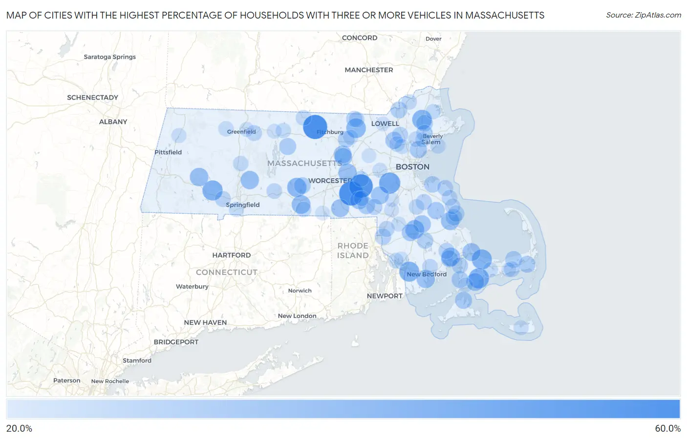 Cities with the Highest Percentage of Households With Three or more Vehicles in Massachusetts Map