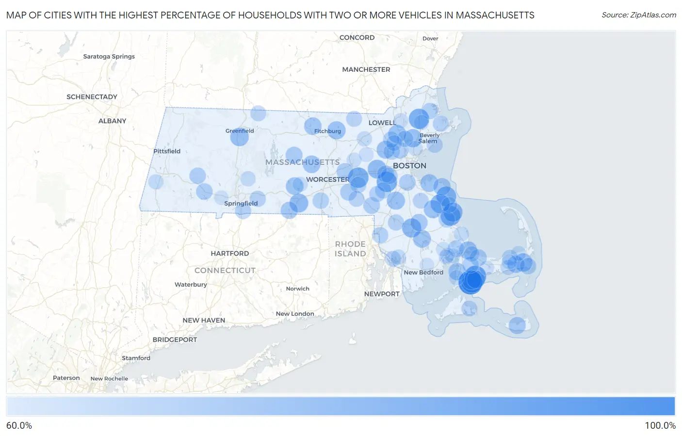 Cities with the Highest Percentage of Households With Two or more Vehicles in Massachusetts Map