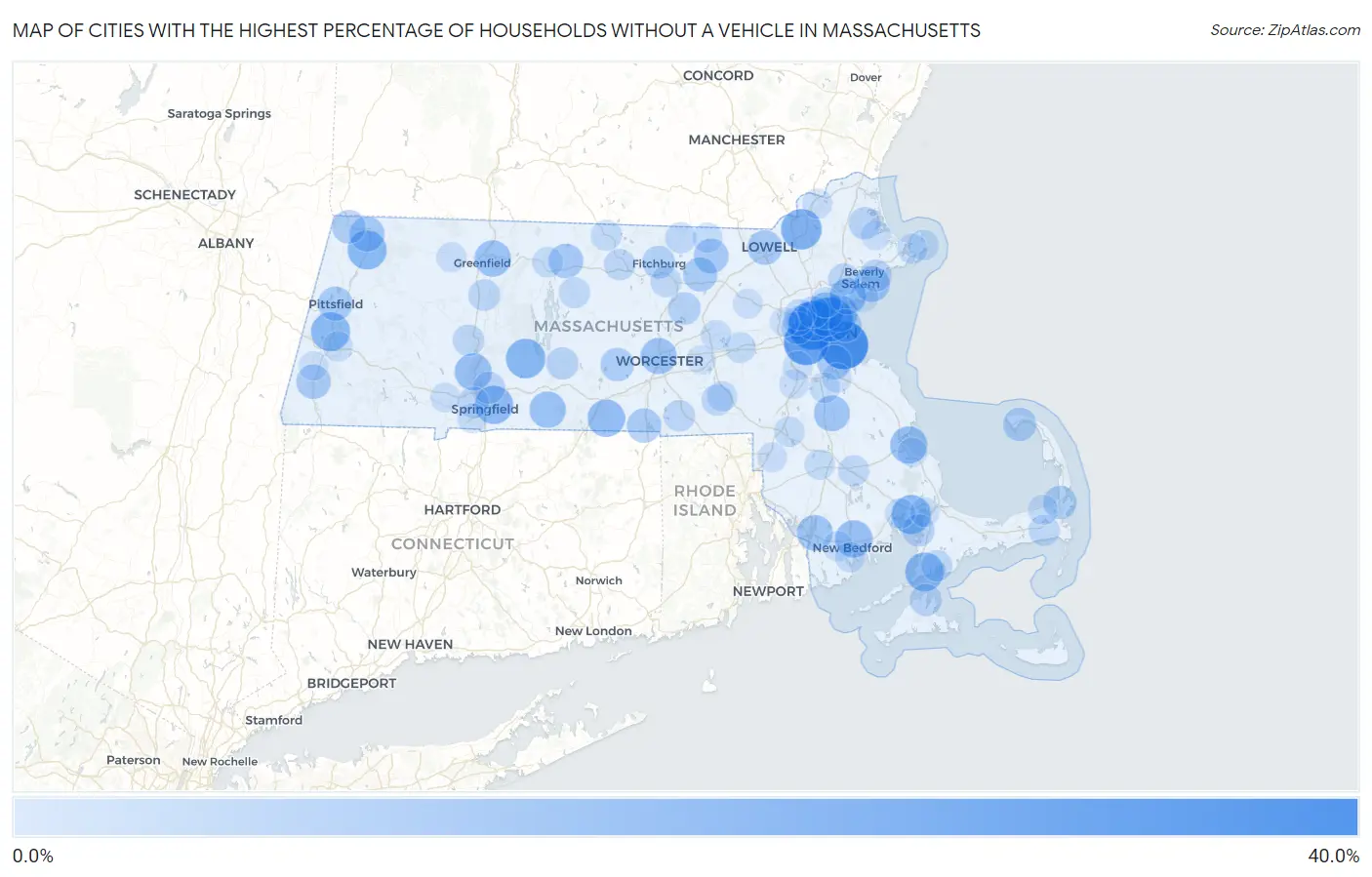 Cities with the Highest Percentage of Households Without a Vehicle in Massachusetts Map