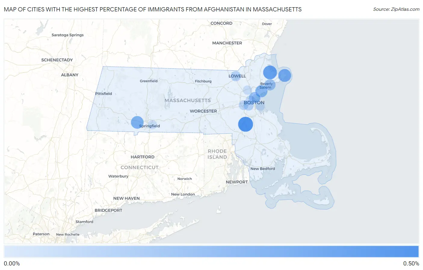 Cities with the Highest Percentage of Immigrants from Afghanistan in Massachusetts Map