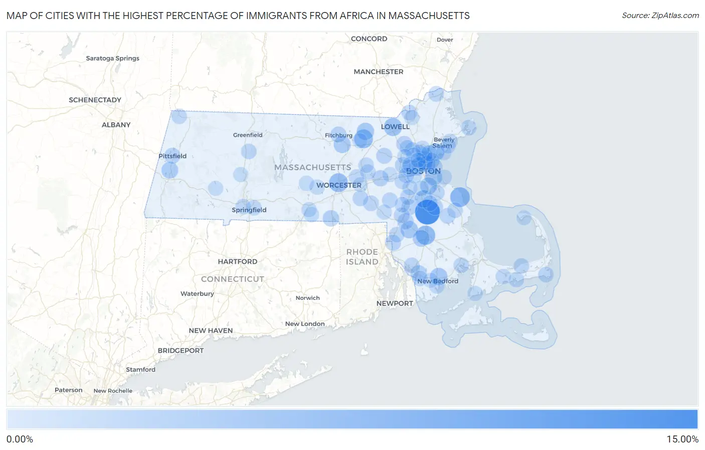 Cities with the Highest Percentage of Immigrants from Africa in Massachusetts Map