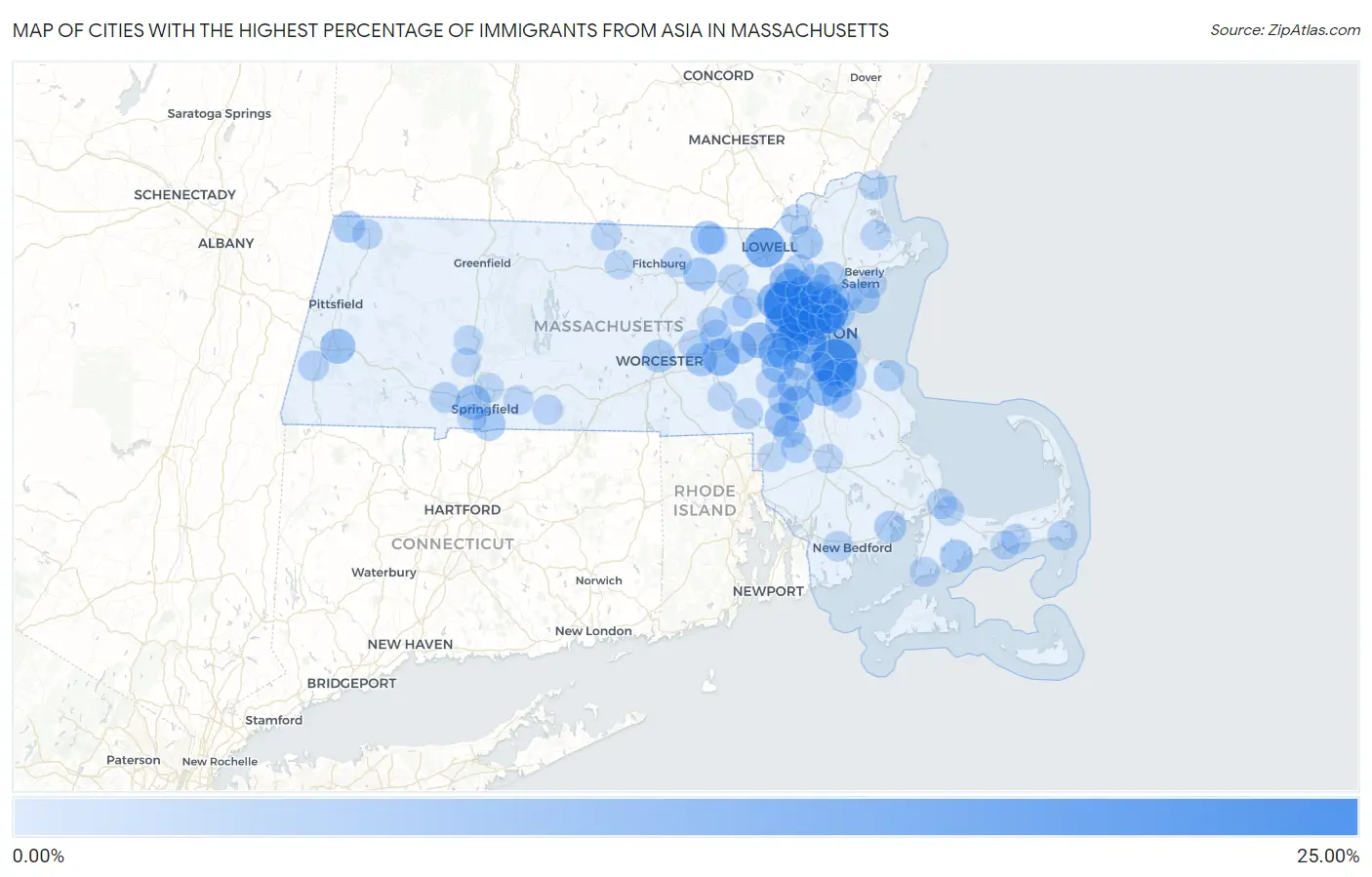 Cities with the Highest Percentage of Immigrants from Asia in Massachusetts Map