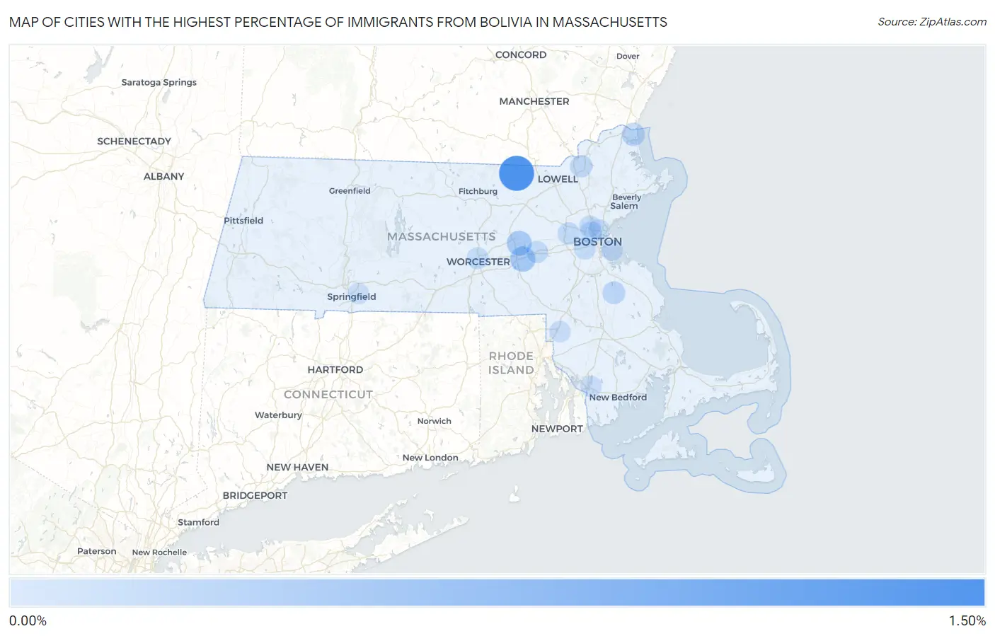 Cities with the Highest Percentage of Immigrants from Bolivia in Massachusetts Map