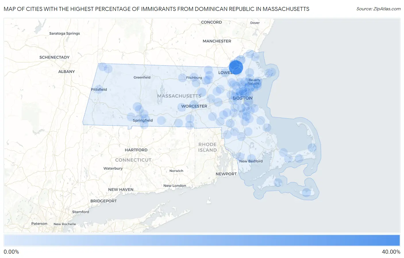 Cities with the Highest Percentage of Immigrants from Dominican Republic in Massachusetts Map