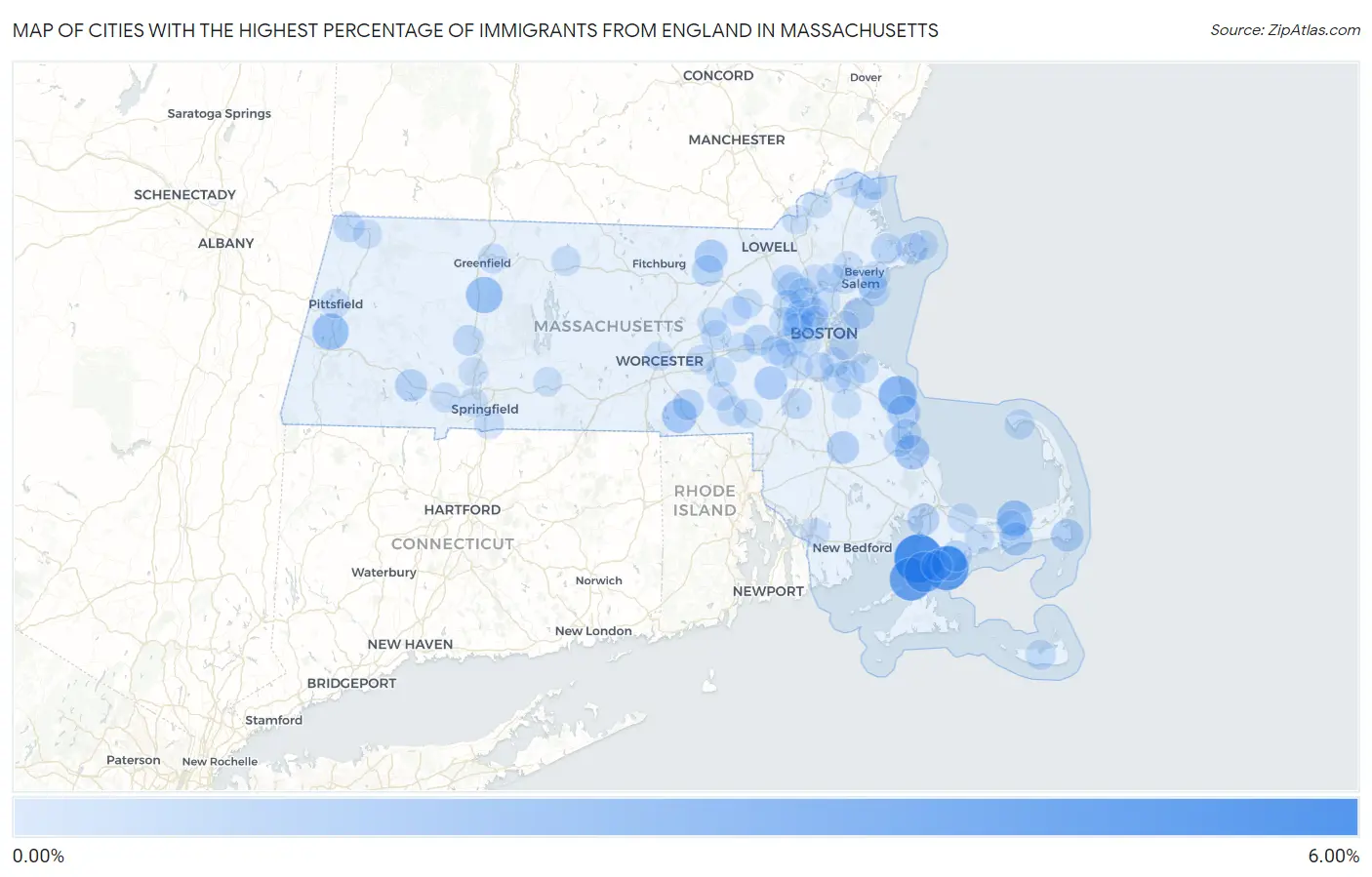 Cities with the Highest Percentage of Immigrants from England in Massachusetts Map