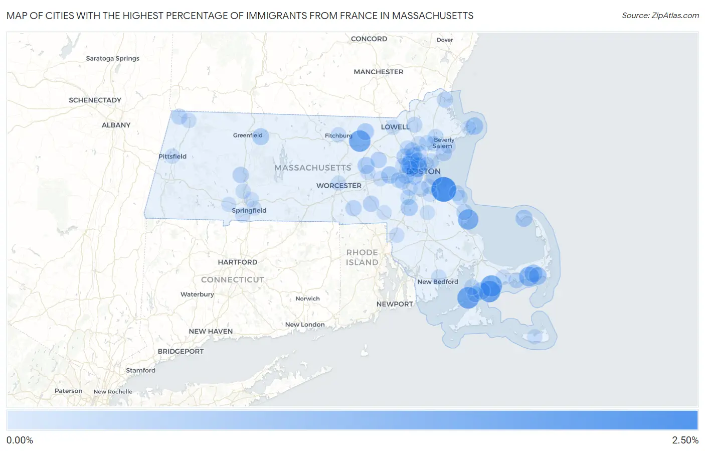 Cities with the Highest Percentage of Immigrants from France in Massachusetts Map
