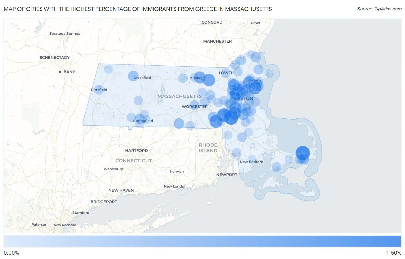 Cities with the Highest Percentage of Immigrants from Greece in Massachusetts Map