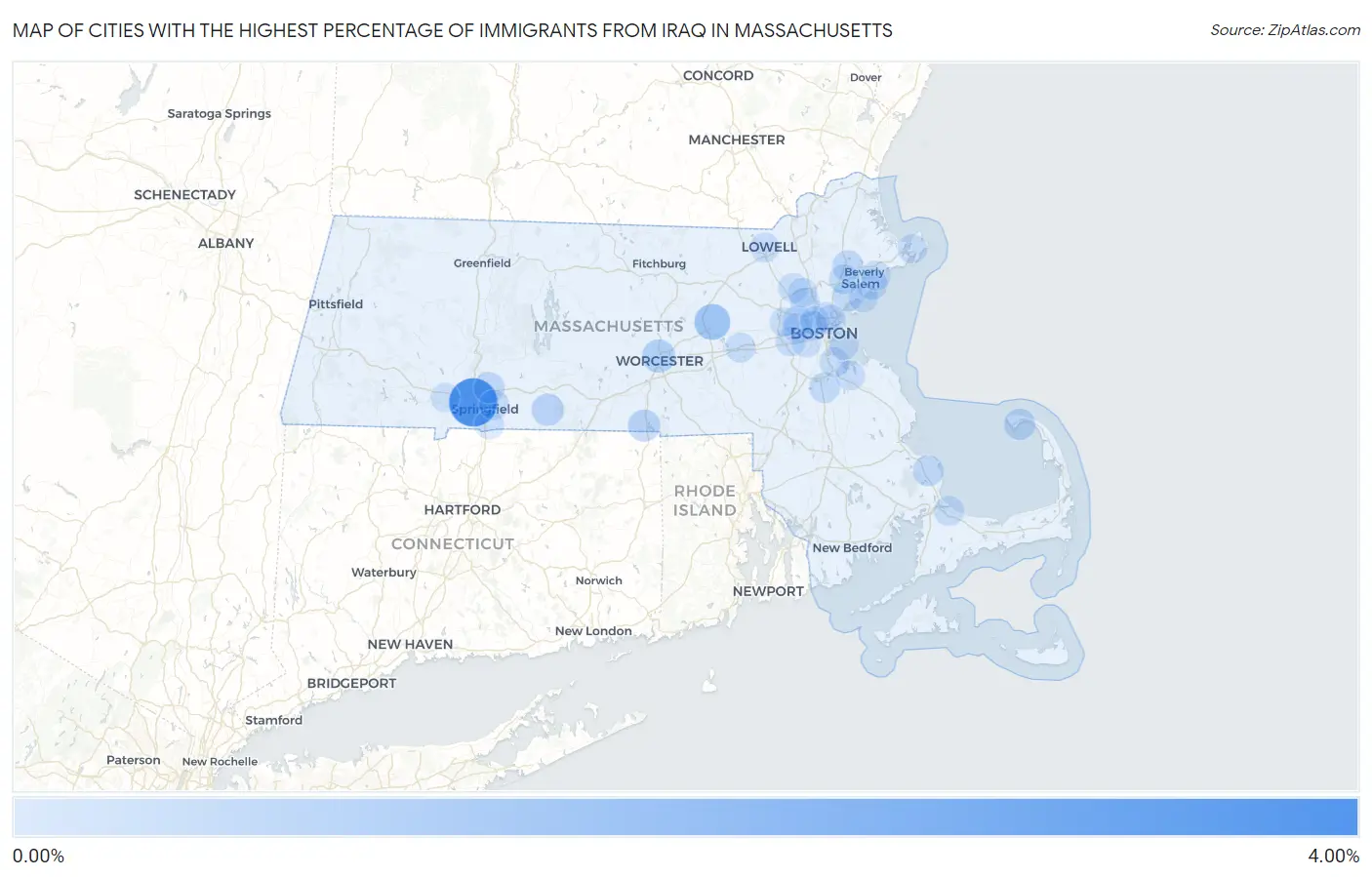 Cities with the Highest Percentage of Immigrants from Iraq in Massachusetts Map