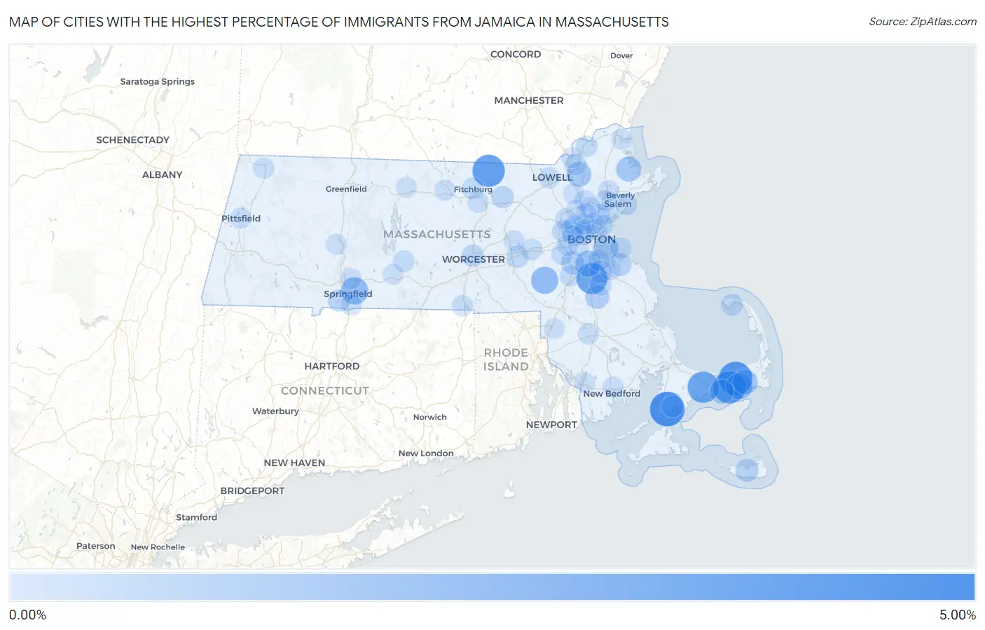 Cities with the Highest Percentage of Immigrants from Jamaica in Massachusetts Map