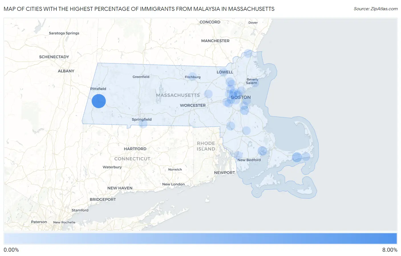 Cities with the Highest Percentage of Immigrants from Malaysia in Massachusetts Map