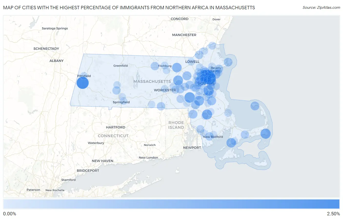 Cities with the Highest Percentage of Immigrants from Northern Africa in Massachusetts Map