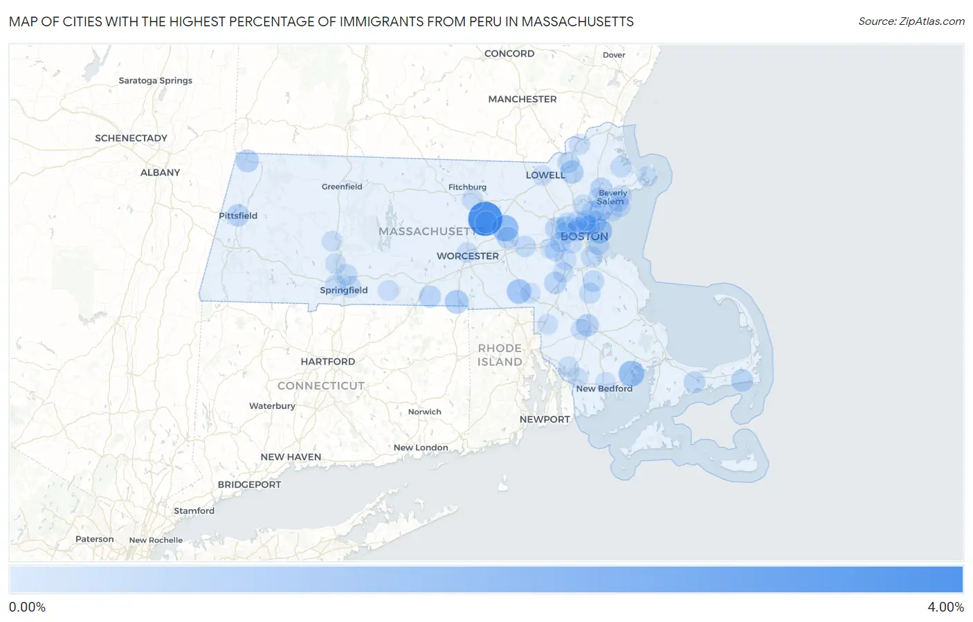 Cities with the Highest Percentage of Immigrants from Peru in Massachusetts Map