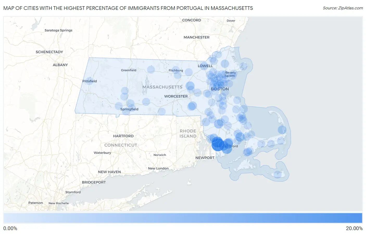 Cities with the Highest Percentage of Immigrants from Portugal in Massachusetts Map