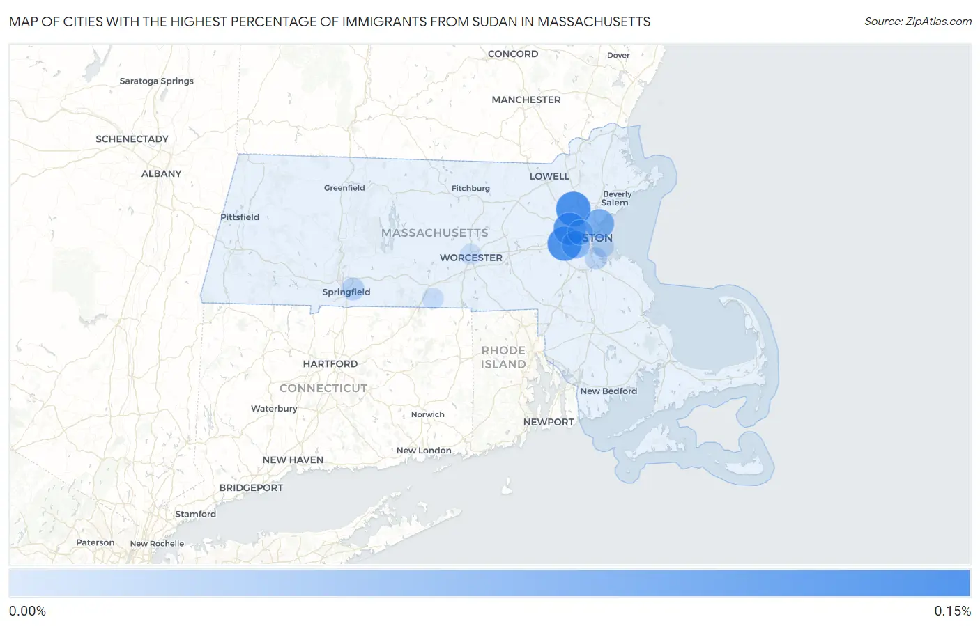 Cities with the Highest Percentage of Immigrants from Sudan in Massachusetts Map