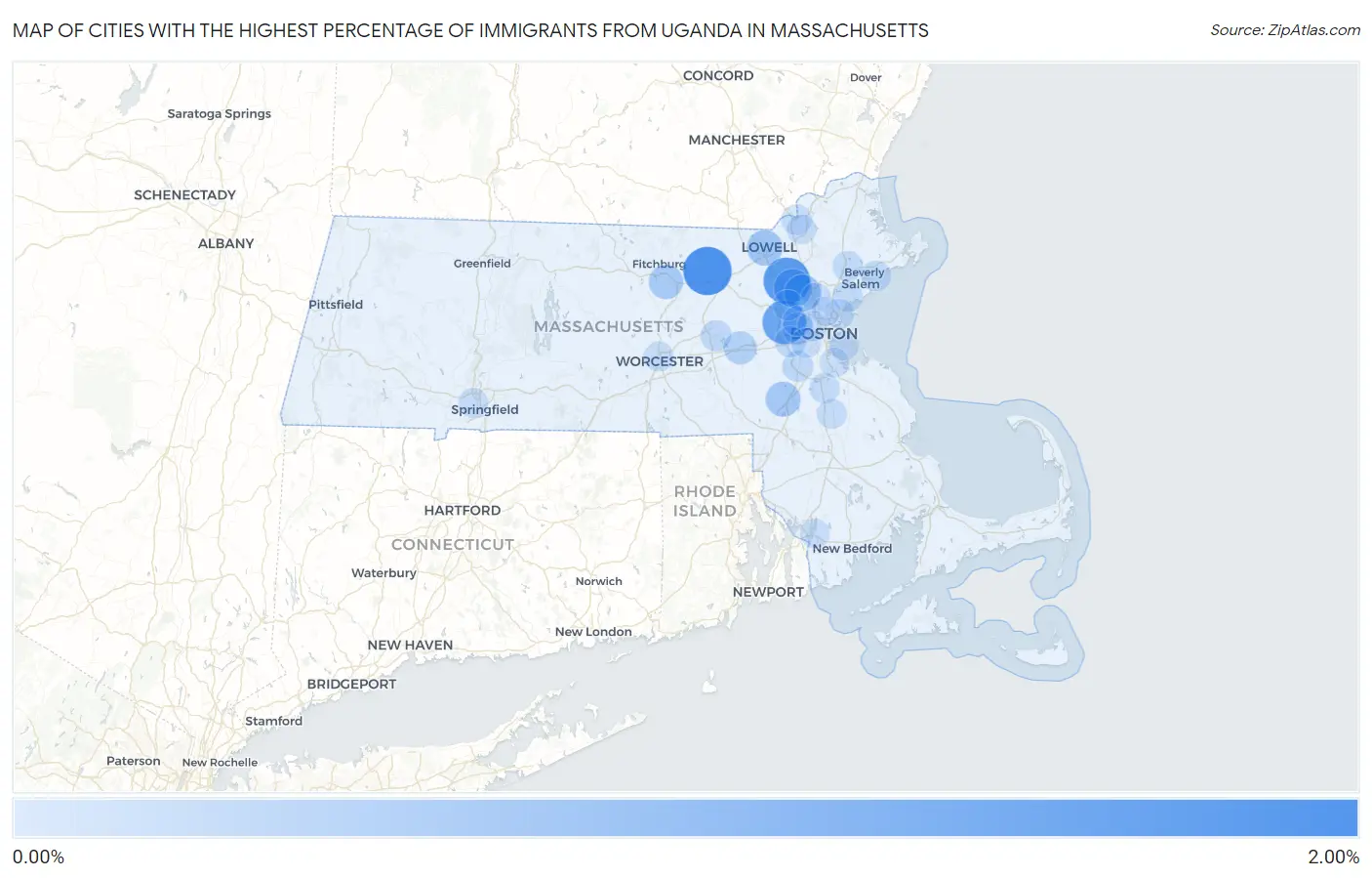 Cities with the Highest Percentage of Immigrants from Uganda in Massachusetts Map