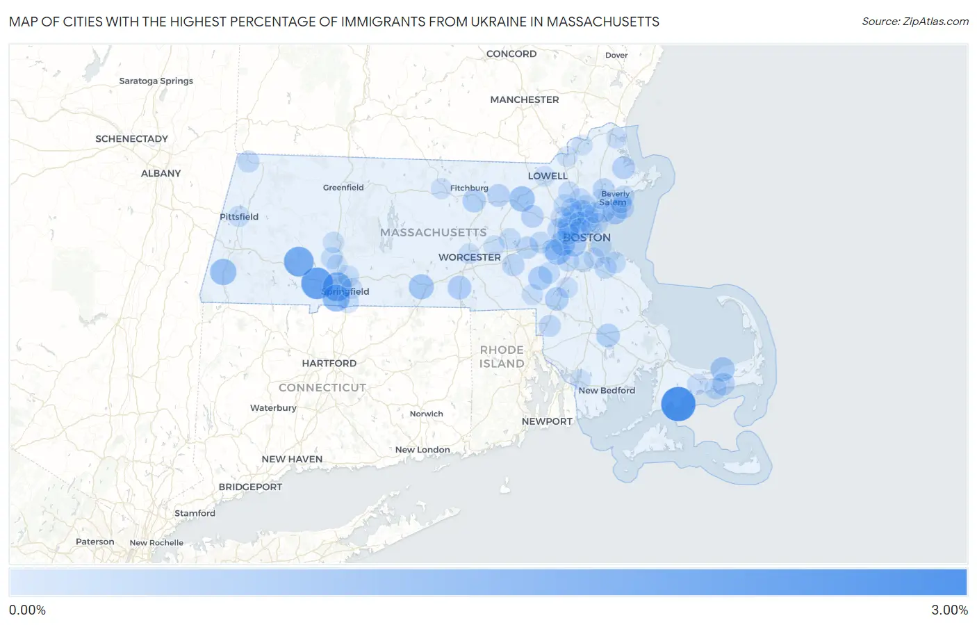 Cities with the Highest Percentage of Immigrants from Ukraine in Massachusetts Map