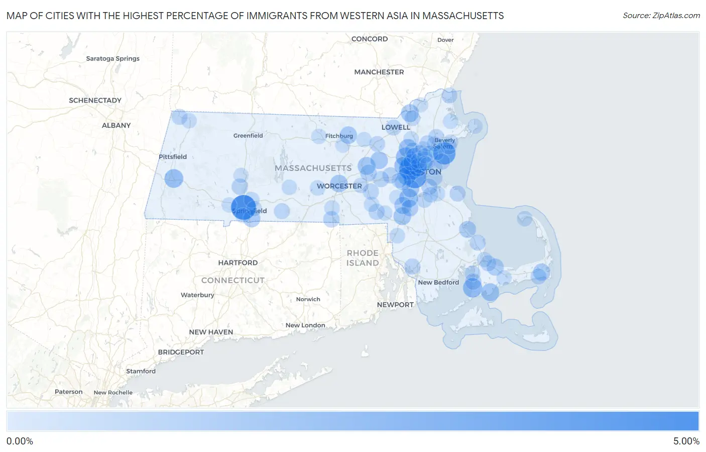 Cities with the Highest Percentage of Immigrants from Western Asia in Massachusetts Map