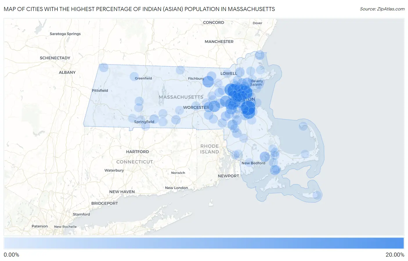 Cities with the Highest Percentage of Indian (Asian) Population in Massachusetts Map