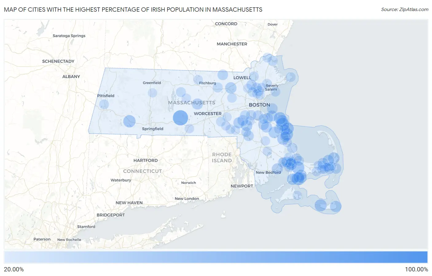 Cities with the Highest Percentage of Irish Population in Massachusetts Map