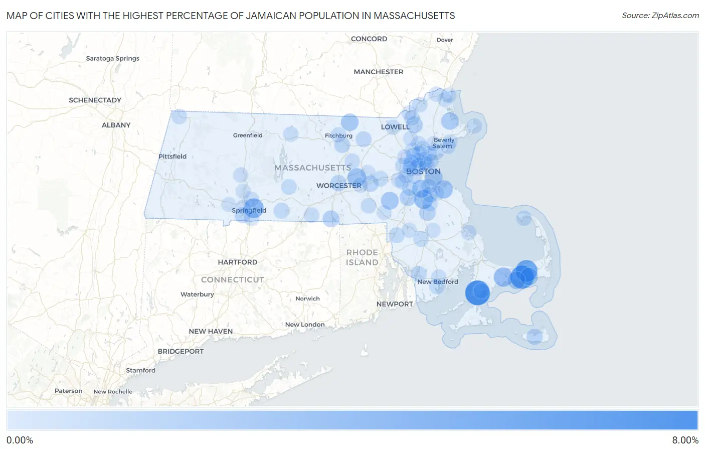Cities with the Highest Percentage of Jamaican Population in Massachusetts Map