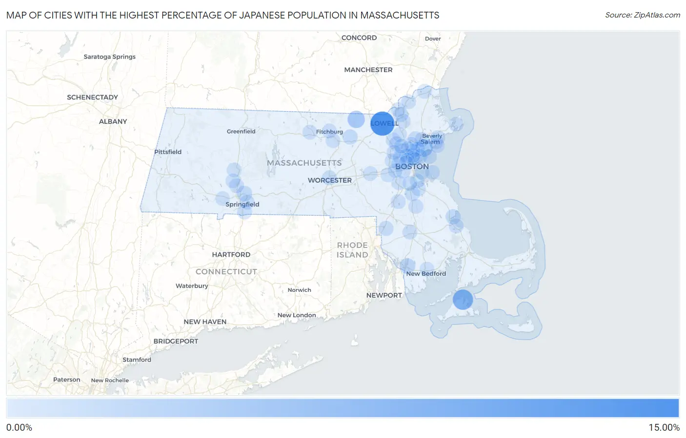 Cities with the Highest Percentage of Japanese Population in Massachusetts Map