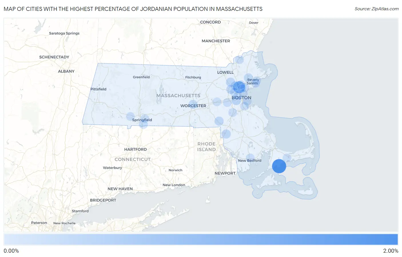 Cities with the Highest Percentage of Jordanian Population in Massachusetts Map