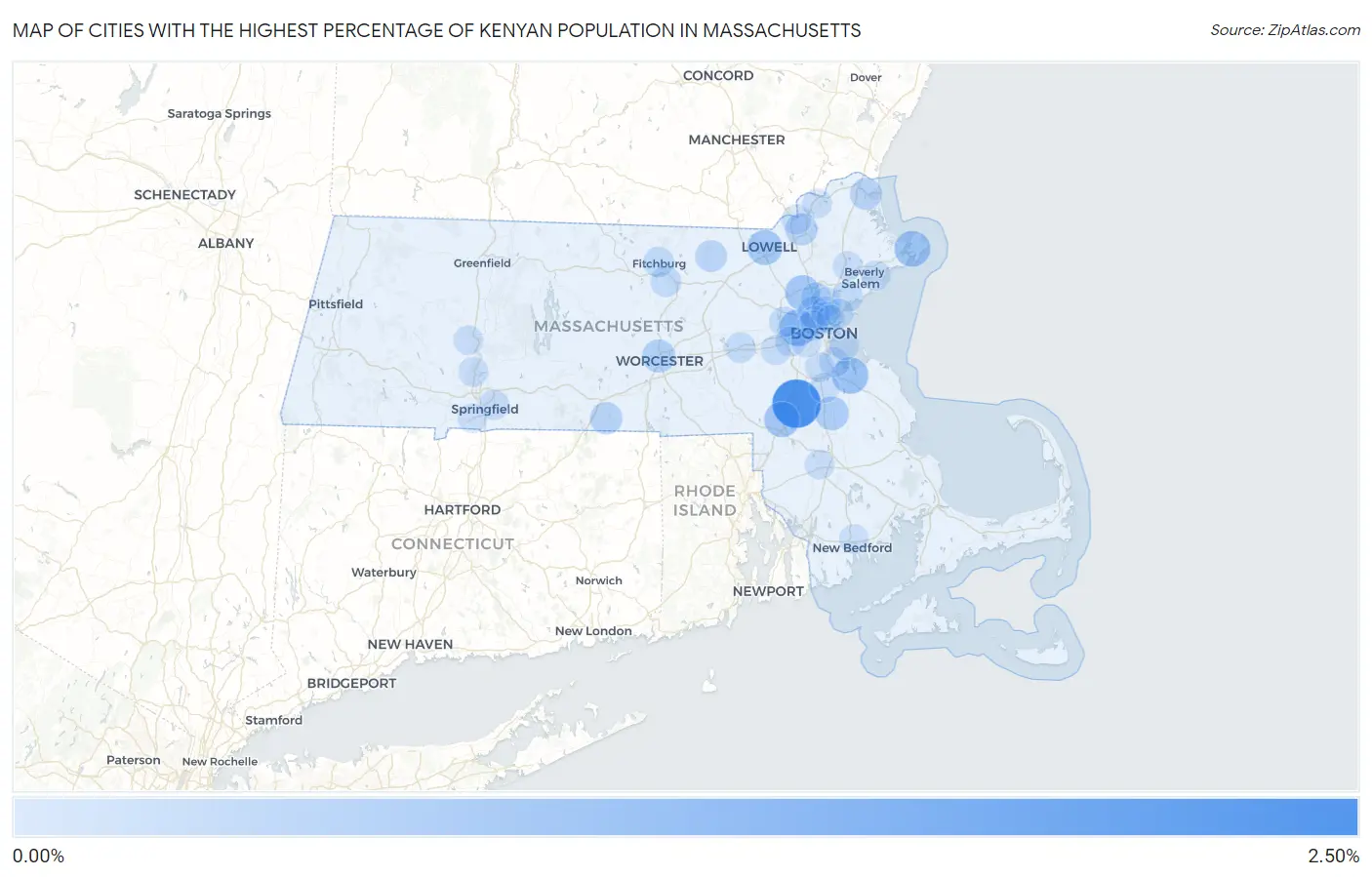 Cities with the Highest Percentage of Kenyan Population in Massachusetts Map